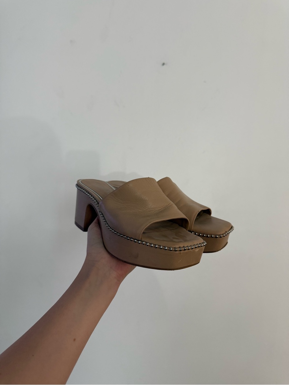 Gianni Bini Tan Platform Clog Sandals with Stud Trim